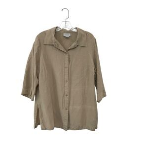 Avenue Women’s Sz 14/16 Shirt Silk Linen Tan Button Up 3/4 Sleeve Collar
